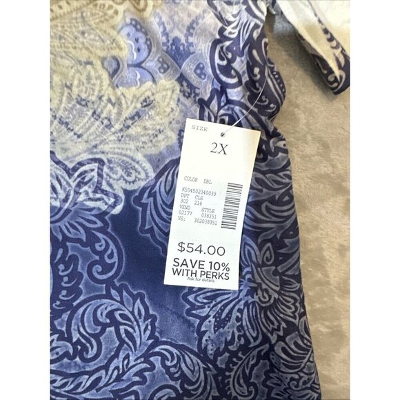 Women’s Catherines Blouse Paisley Navy Blue Tan Rhinestones Embroidered Neck 2X - Picture 5 of 12